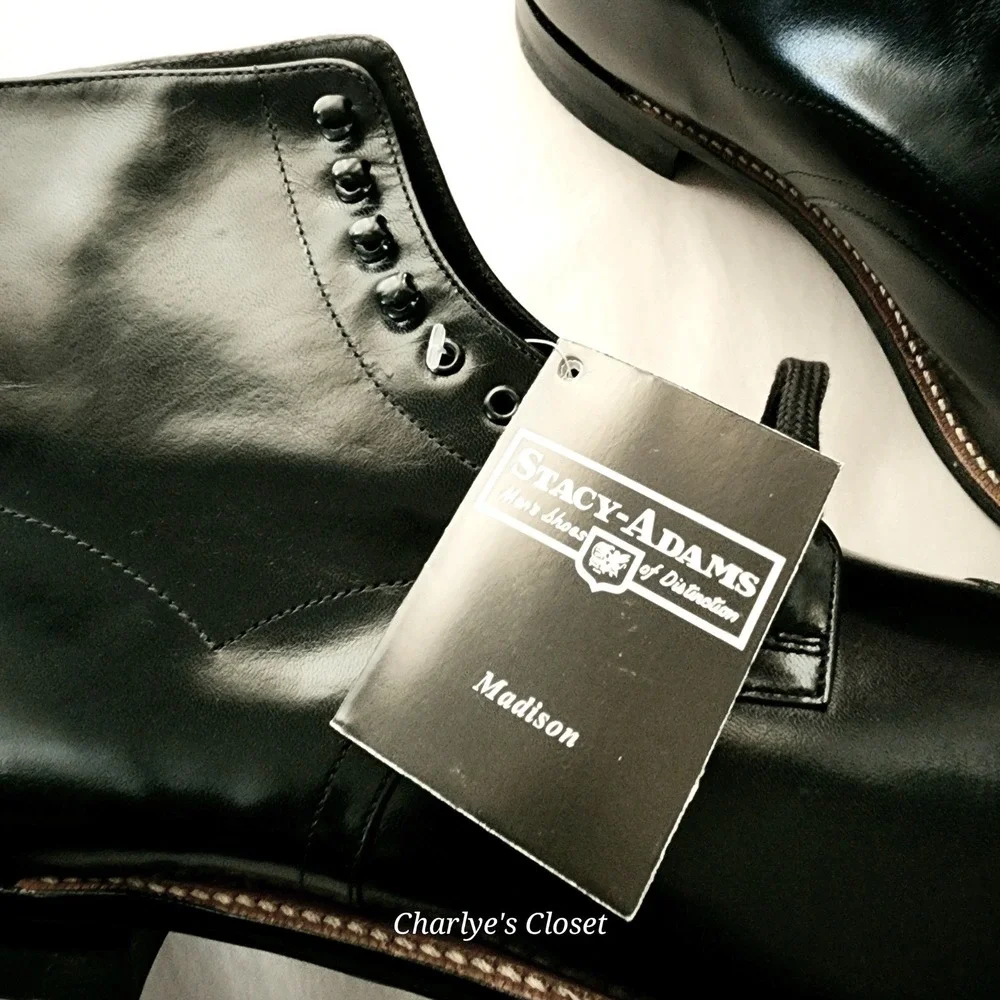 Stacy Adams Madison 15D NWB Blk Kidskin Leather Cap Toe Dress Boot Polished Chic